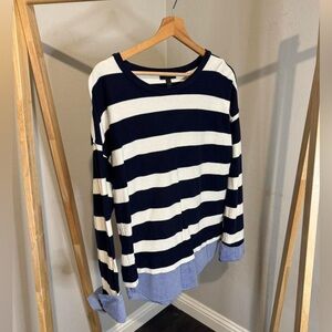 J CREW NAVY BLUE AND WHITE STRIPED SHIRTTAIL SWEATSHIRT